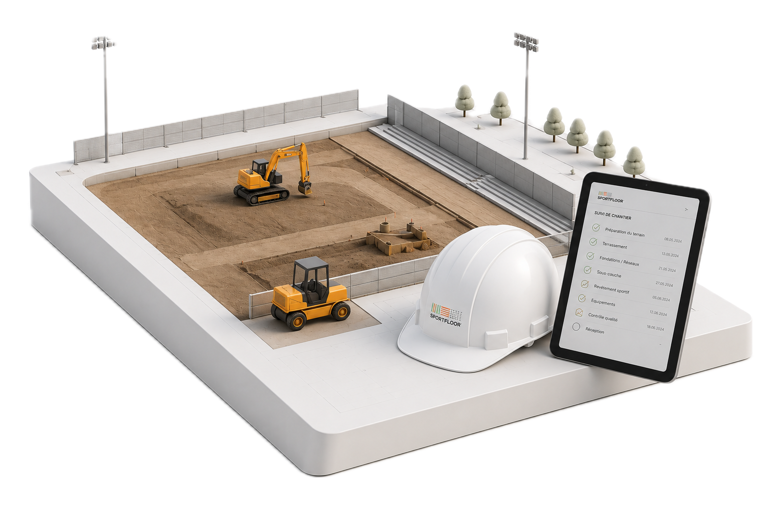 Maquette 3D d’un chantier sportif avec engins, casque et tablette de suivi