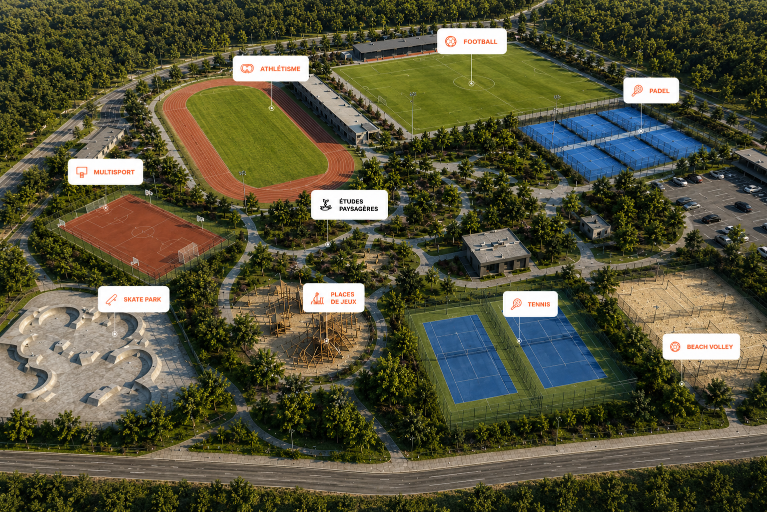 Domaines d’intervention Sportfloor : football, athlétisme, padel, multisport, hockey sur gazon, études paysagères, éclairage, maintenance, skate park, places de jeux, tennis et beach volley